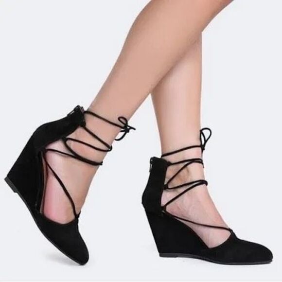 Jeffrey Campbell Ouvert Ballerina Ankle Wrap Wedge‎ Sandal Pointed Toe Black 7.5 - Picture 1 of 10